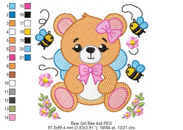 Teddy Bear Girl and Bees - Rippled Stitch - Machine Embroidery Design
