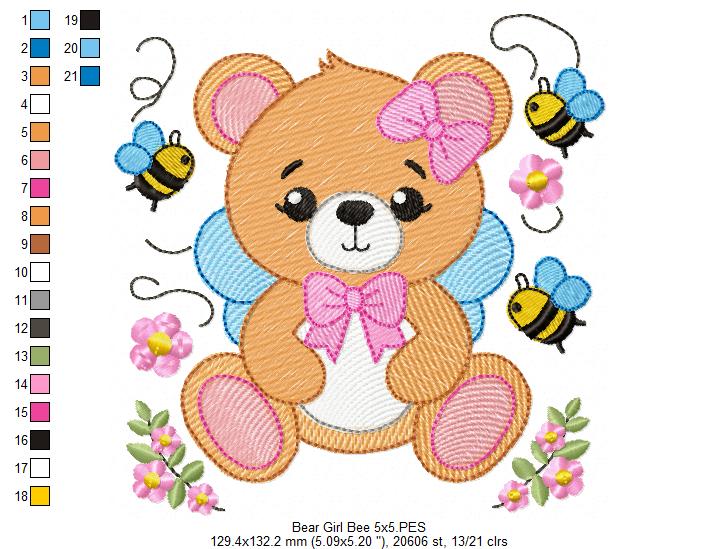 Teddy Bear Girl and Bees - Rippled Stitch - Machine Embroidery Design