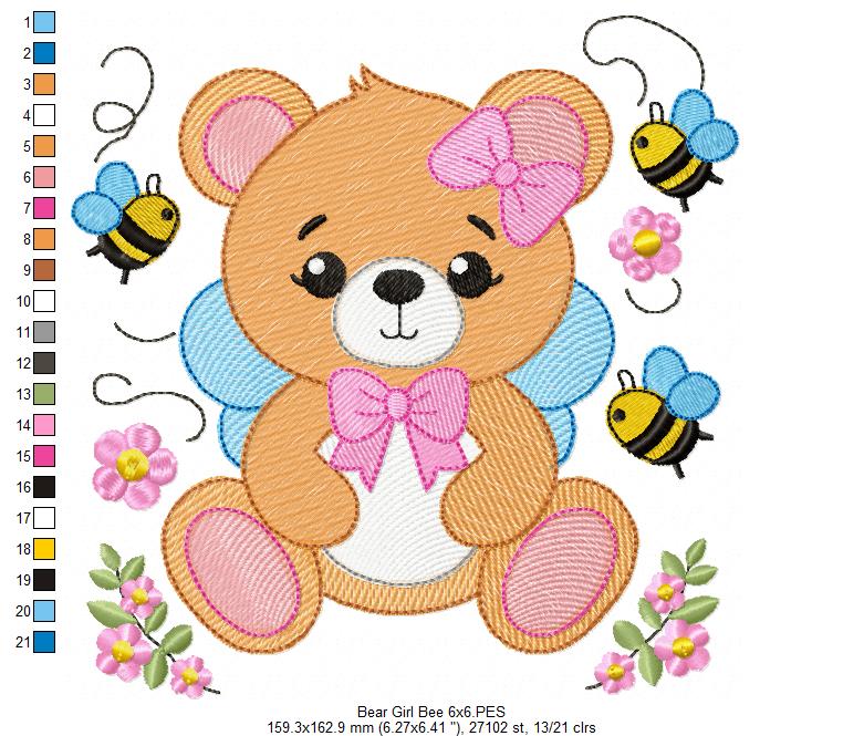 Teddy Bear Girl and Bees - Rippled Stitch - Machine Embroidery Design