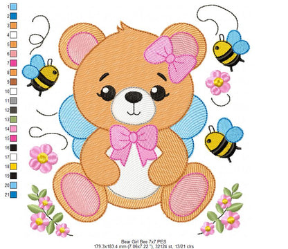 Teddy Bear Girl and Bees - Rippled Stitch - Machine Embroidery Design