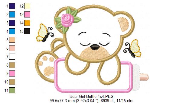 Baby Bear Girl with Feeding Bottle - Applique - Machine Embroidery Design