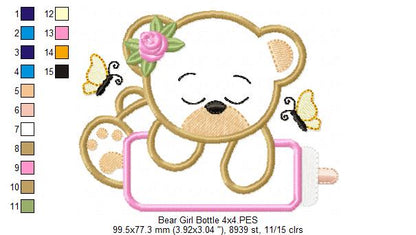 Baby Bear Girl with Feeding Bottle - Applique - Machine Embroidery Design