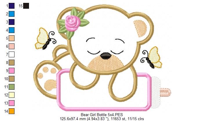 Baby Bear Girl with Feeding Bottle - Applique - Machine Embroidery Design