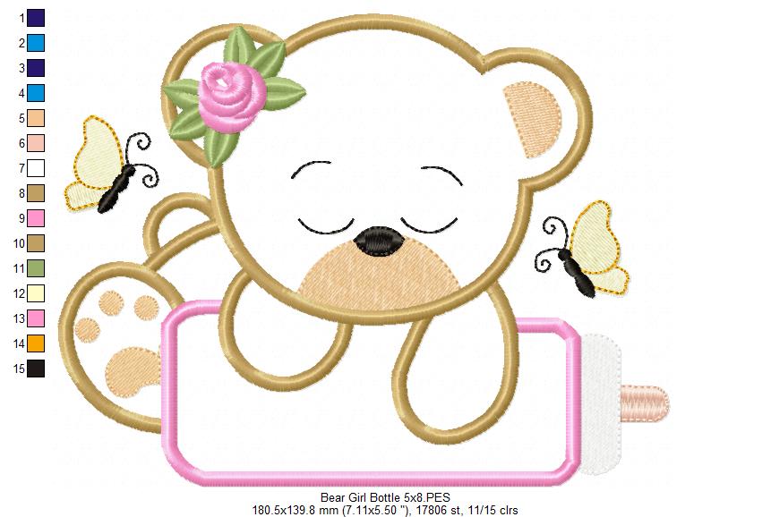 Baby Bear Girl with Feeding Bottle - Applique - Machine Embroidery Design