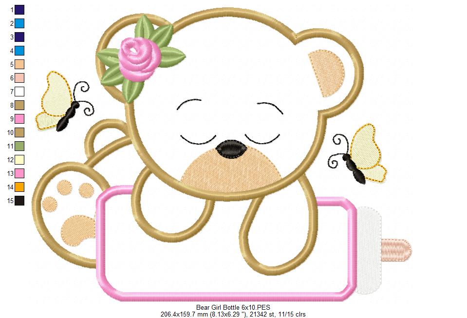 Baby Bear Girl with Feeding Bottle - Applique - Machine Embroidery Design