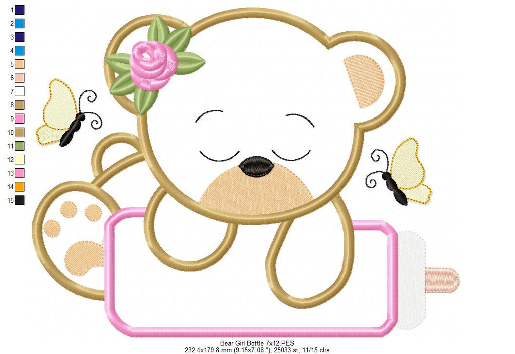 Baby Bear Girl with Feeding Bottle - Applique - Machine Embroidery Design