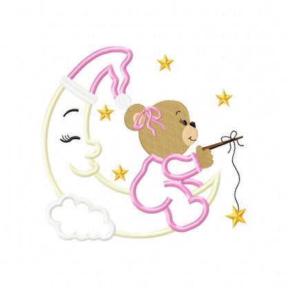 Bear Girl on the Moon Fishing Stars - Aplique - Machine Embroidery Design