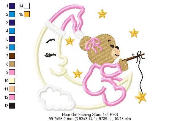 Bear Girl on the Moon Fishing Stars - Aplique - Machine Embroidery Design