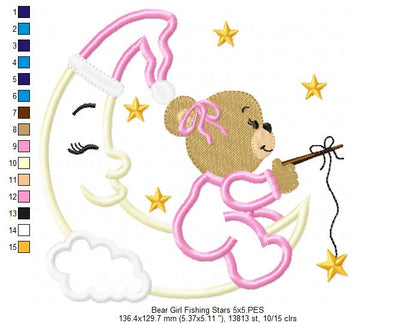 Bear Boy and Girl on the Moon Fishing Stars - Aplique - Set of 2 Designs - Machine Embroidery Design