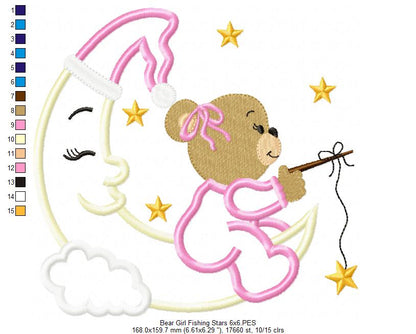 Bear Girl on the Moon Fishing Stars - Aplique - Machine Embroidery Design