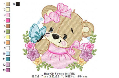 Bear Girl Flowers - Fill Stitch - Machine Embroidery Design