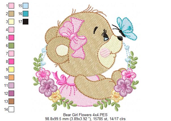 Bear Girl Flowers - Fill Stitch - Set of 3 Designs - Machine Embroidery Design
