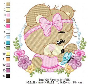 Bear Girl Flowers - Fill Stitch - Set of 3 Designs - Machine Embroidery Design