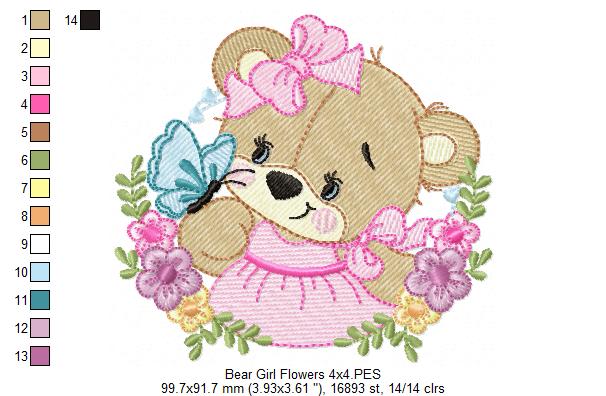 Bear Girl Flowers - Fill Stitch - Set of 3 Designs - Machine Embroidery Design