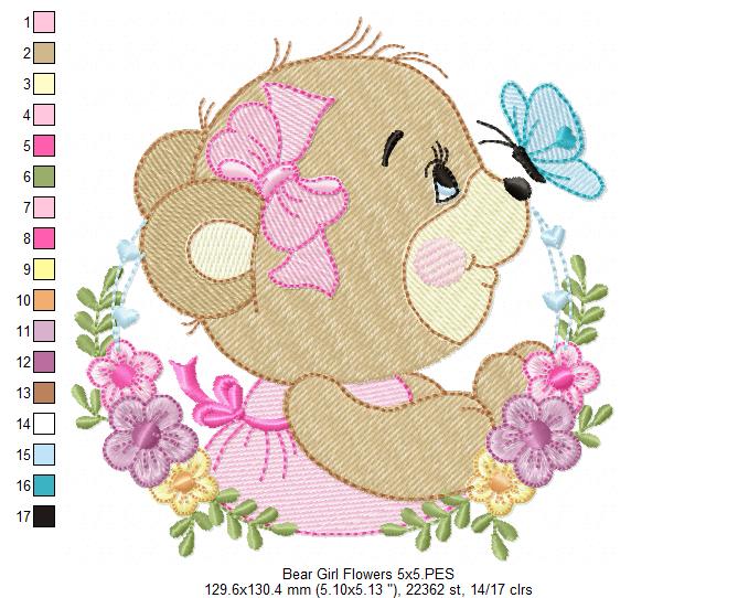 Bear Girl Flowers - Fill Stitch - Set of 3 Designs - Machine Embroidery Design