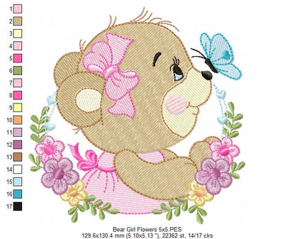 Bear Girl Flowers - Fill Stitch - Machine Embroidery Design