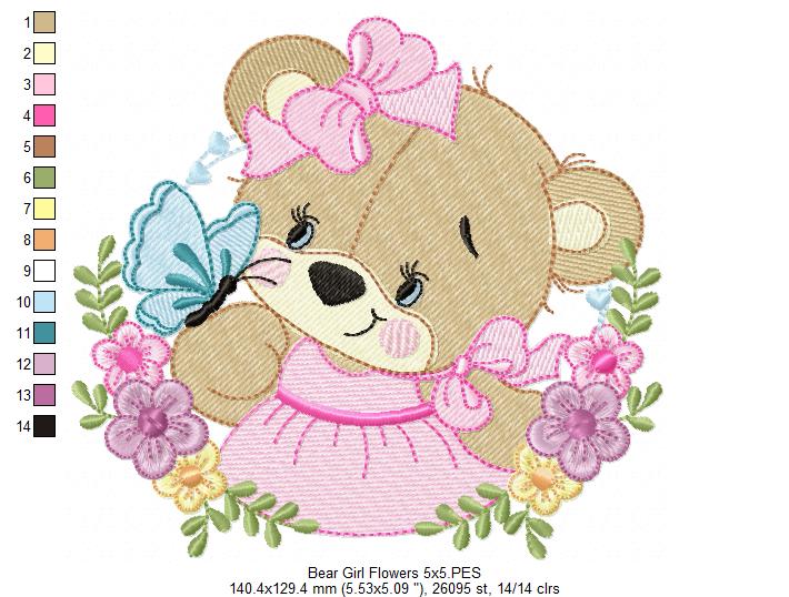 Bear Girl Flowers - Fill Stitch - Set of 3 Designs - Machine Embroidery Design