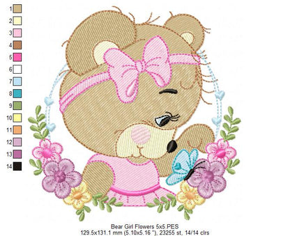 Bear Girl Flowers - Fill Stitch - Machine Embroidery Design
