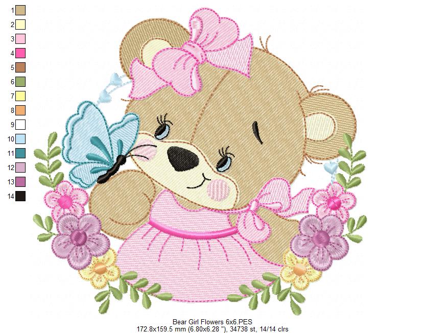 Bear Girl Flowers - Fill Stitch - Machine Embroidery Design