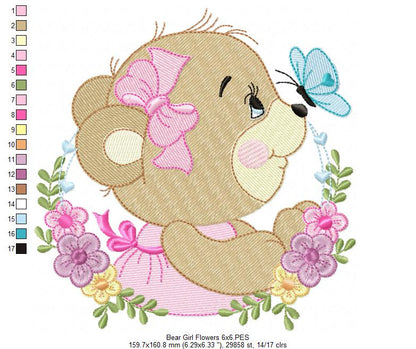 Bear Girl Flowers - Fill Stitch - Set of 3 Designs - Machine Embroidery Design