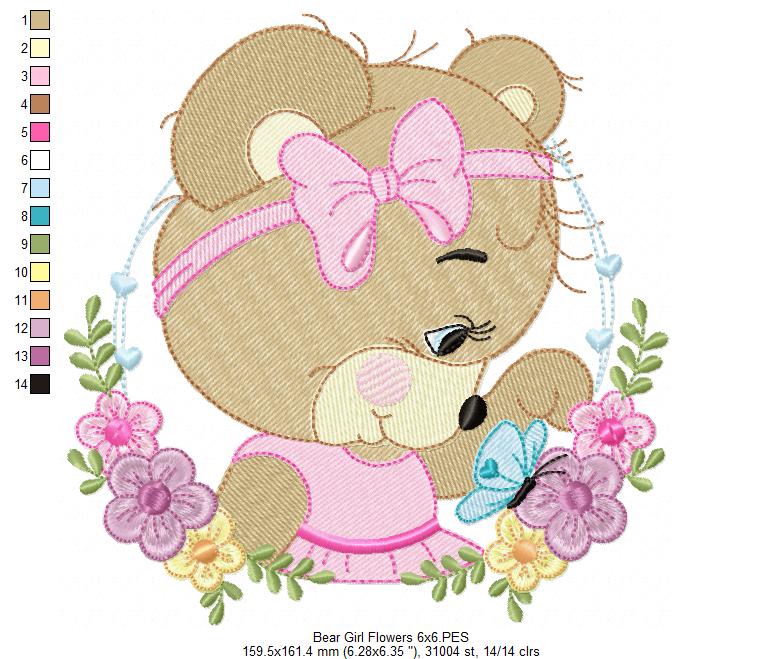 Bear Girl Flowers - Fill Stitch - Set of 3 Designs - Machine Embroidery Design