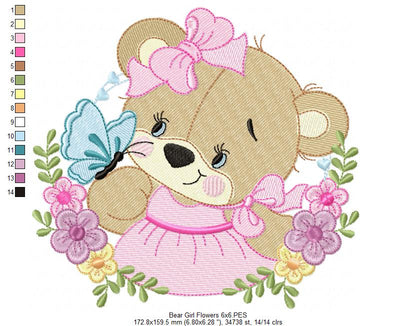 Bear Girl Flowers - Fill Stitch - Set of 3 Designs - Machine Embroidery Design