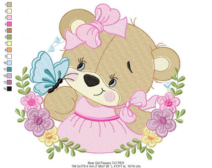 Bear Girl Flowers - Fill Stitch - Machine Embroidery Design