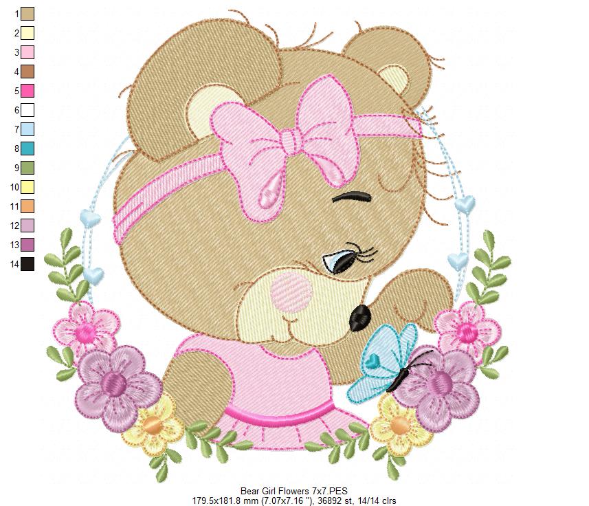 Bear Girl Flowers - Fill Stitch - Machine Embroidery Design