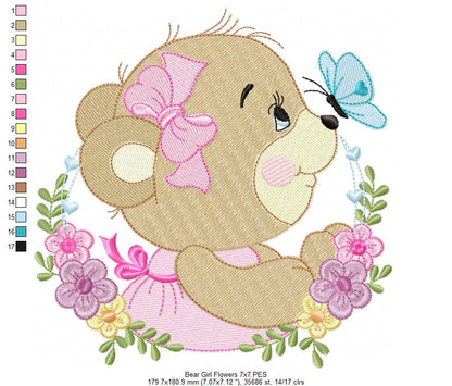 Bear Girl Flowers - Fill Stitch - Machine Embroidery Design