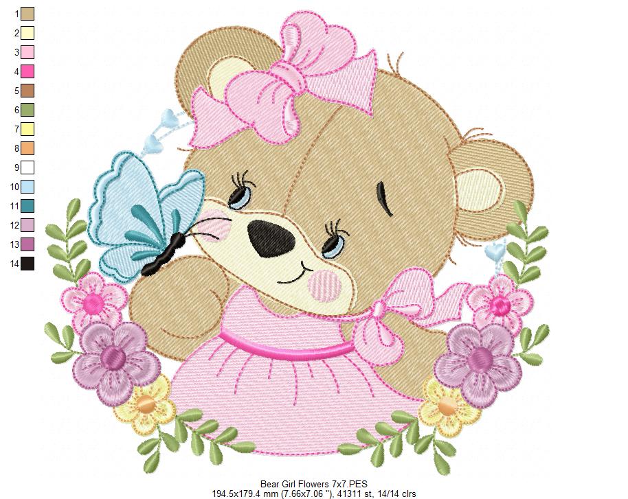 Bear Girl Flowers - Fill Stitch - Set of 3 Designs - Machine Embroidery Design
