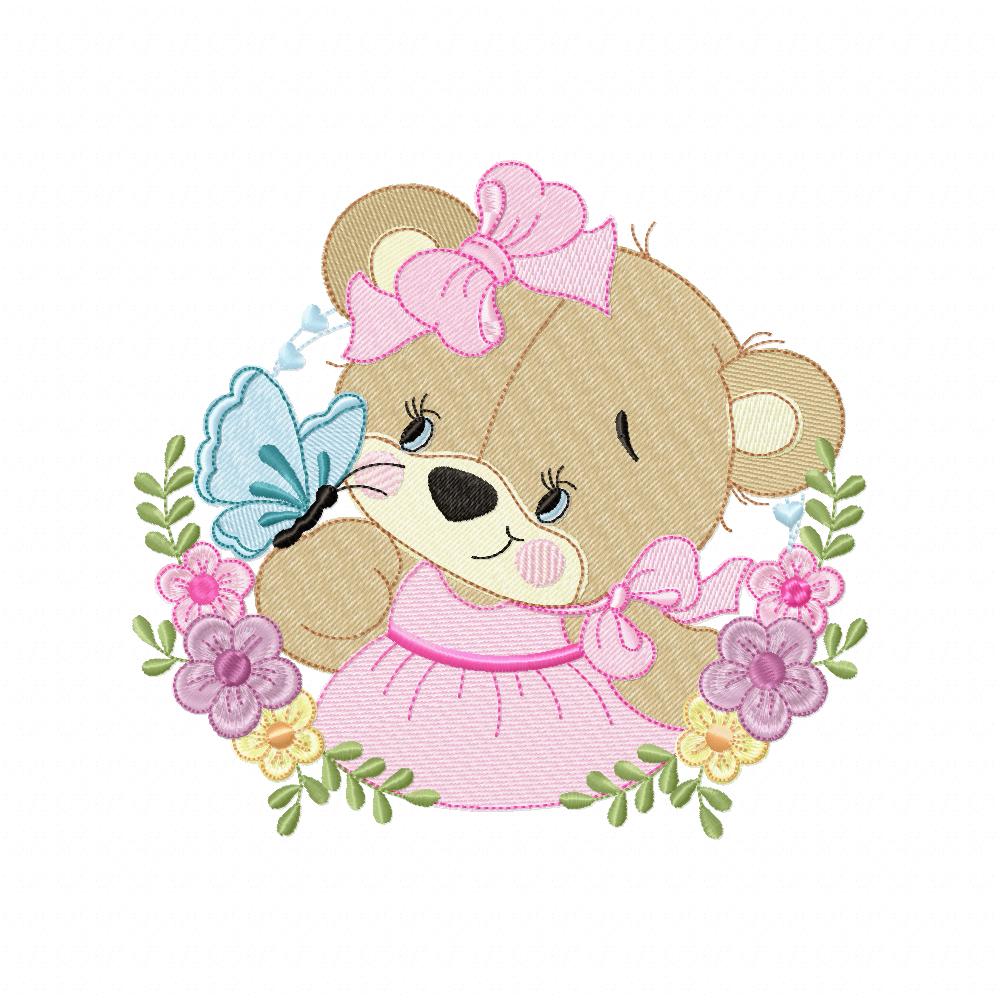 Bear Girl Flowers - Fill Stitch - Machine Embroidery Design