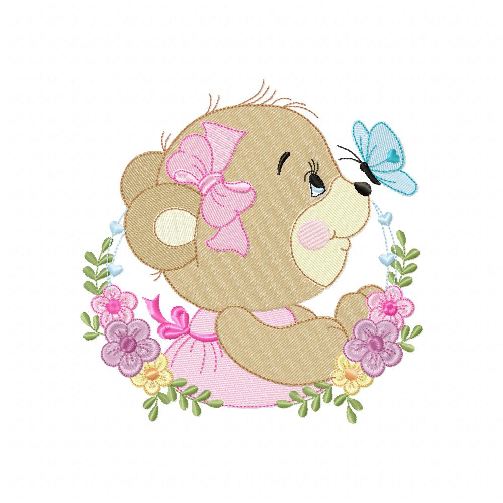 Bear Girl Flowers - Fill Stitch - Machine Embroidery Design