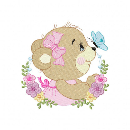 Bear Girl Flowers - Fill Stitch - Machine Embroidery Design