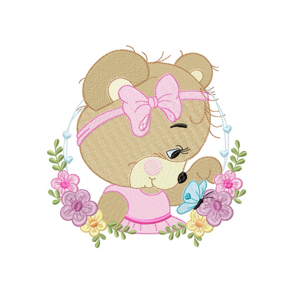 Bear Girl Flowers - Fill Stitch - Machine Embroidery Design