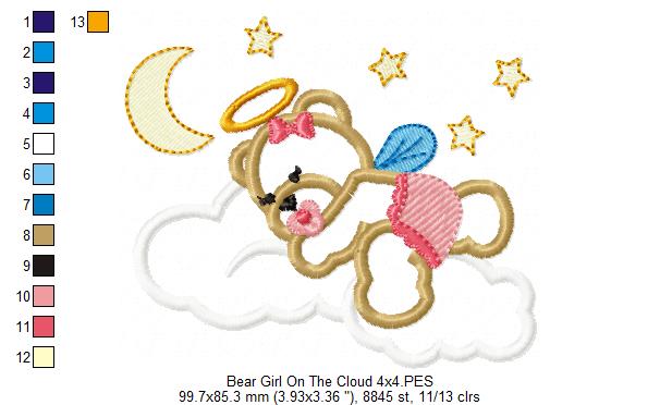 Angel Bear Girl on the Cloud - Aplique - Machine Embroidery Design