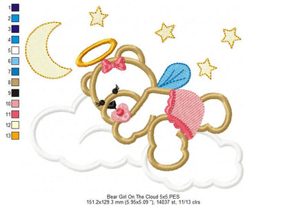 Angel Bear Girl on the Cloud - Aplique - Machine Embroidery Design