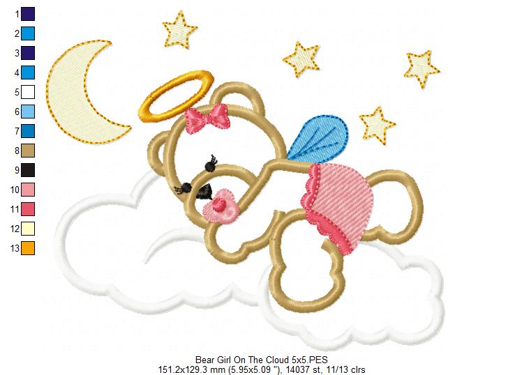 Angel Bear Girl on the Cloud - Aplique - Machine Embroidery Design