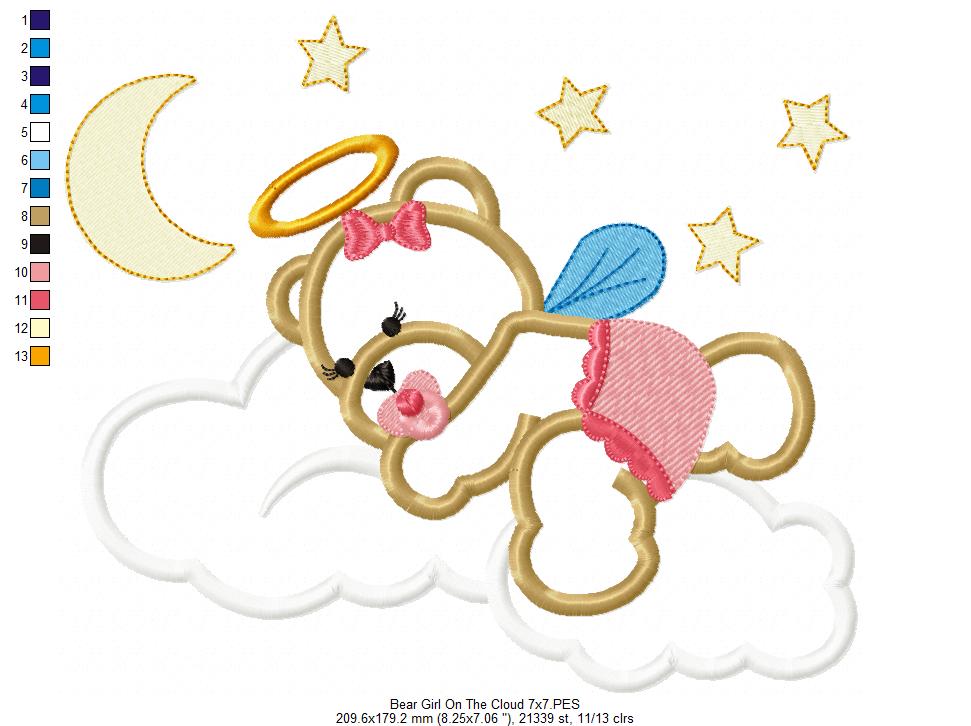 Angel Bear Boy and Girl on the Cloud - Aplique - Set of 2 Designs - Machine Embroidery Design