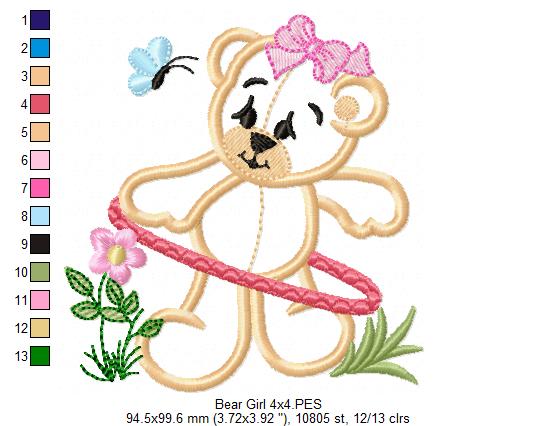 Baby Bear Girl with Hula Hoop - Applique - Machine Embroidery Design