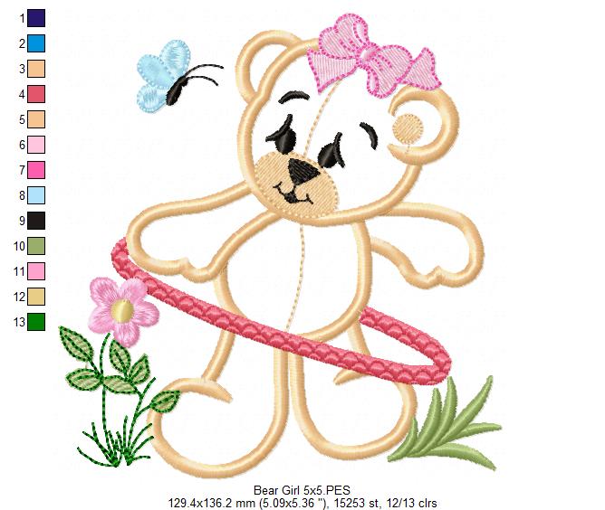 Baby Bear Girl with Hula Hoop - Applique - Machine Embroidery Design
