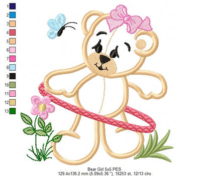 Baby Bear Girl with Hula Hoop - Applique - Machine Embroidery Design