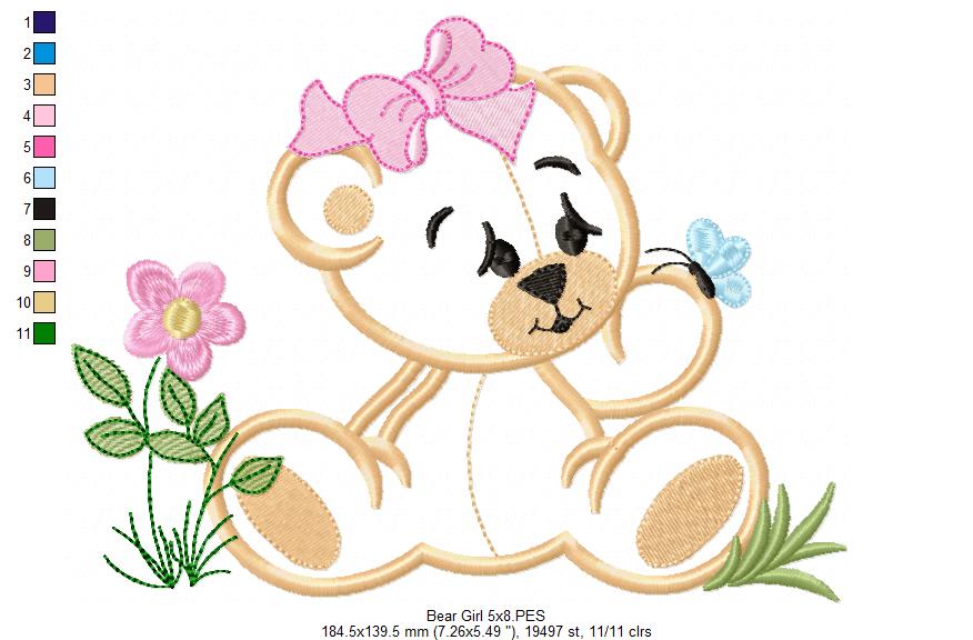 Baby Bear Girl - Applique - Machine Embroidery Design