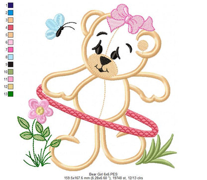 Baby Bear Girl with Hula Hoop - Applique - Machine Embroidery Design