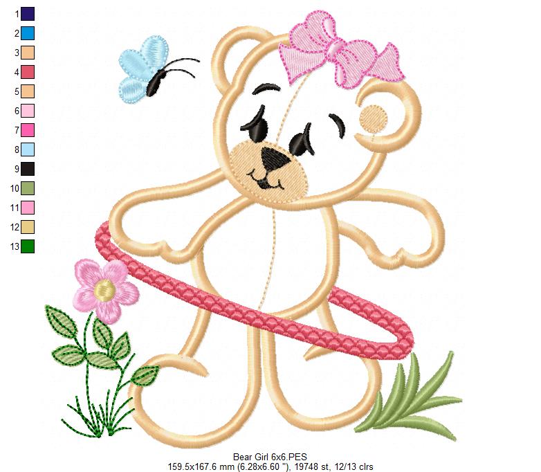 Baby Bear Girl with Hula Hoop - Applique - Machine Embroidery Design