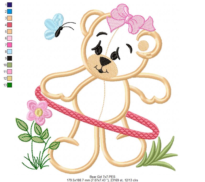 Baby Bear Girl with Hula Hoop - Applique - Machine Embroidery Design