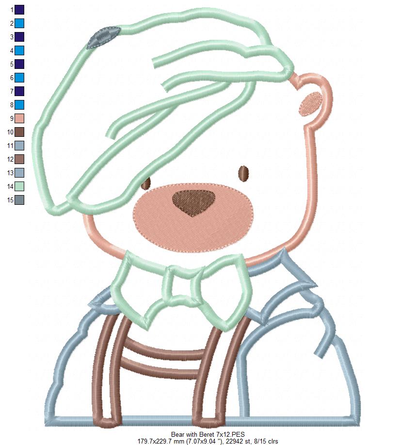 Teddy Bear with Beret - Applique - Machine Embroidery Design
