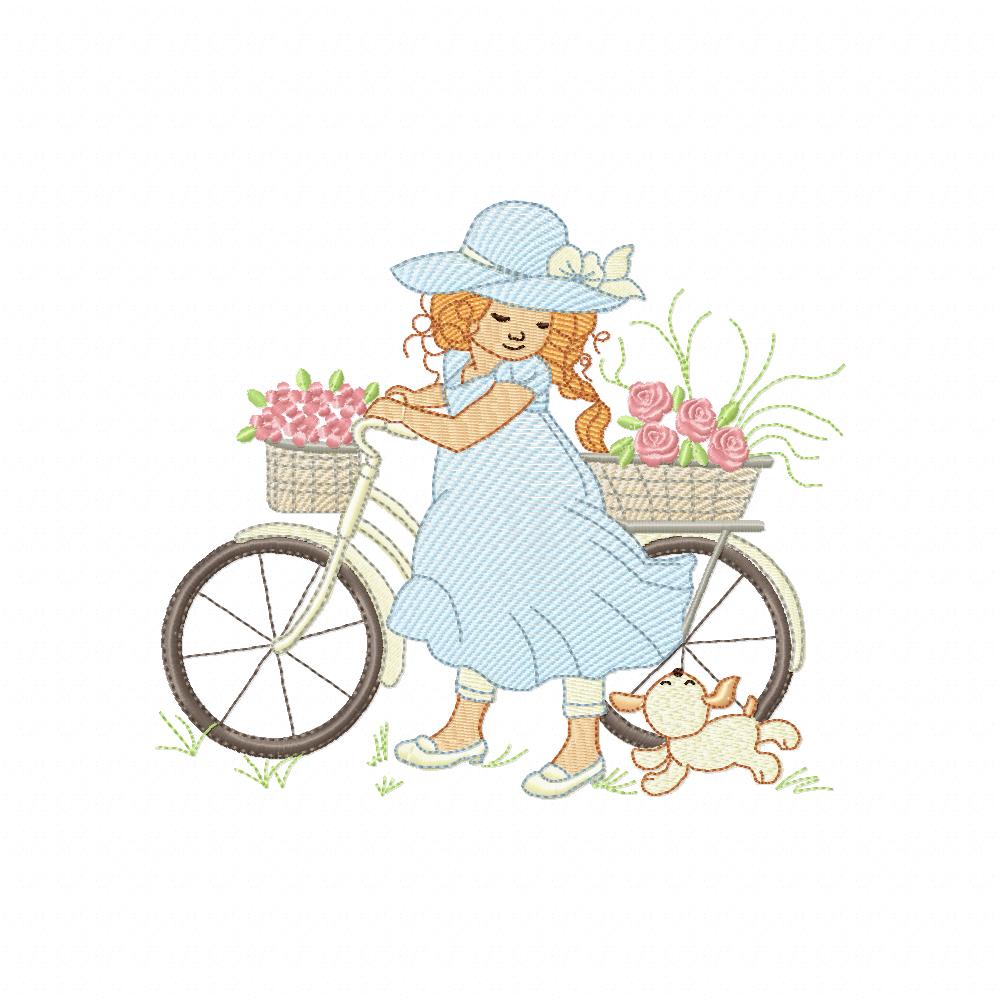 Beautiful Girl, Bike and Dog - Rippled Stitch - Machine Embroidery Design