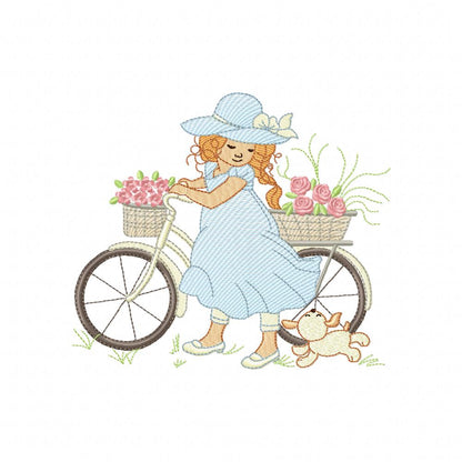 Beautiful Girl, Bike and Dog - Rippled Stitch - Machine Embroidery Design
