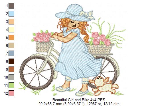 Beautiful Girl, Bike and Dog - Rippled Stitch - Machine Embroidery Design
