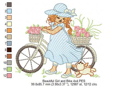 Beautiful Girl, Bike and Dog - Rippled Stitch - Machine Embroidery Design